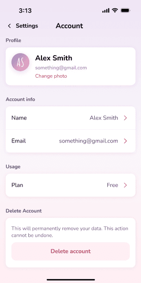 Distant app account screen