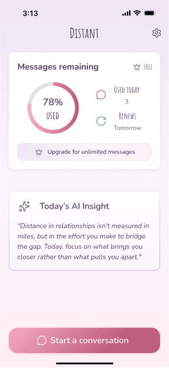 Distant app home screen showing the main chat interface